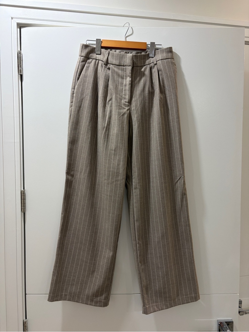 Rachel Zoe Taupe Pinstripe Wide-Leg Trousers